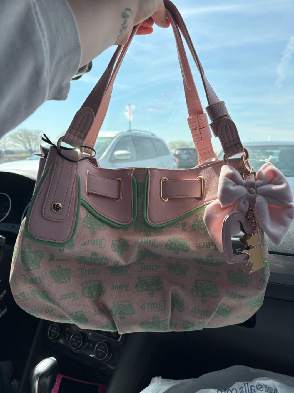NWT Juicy Couture Pink Satchel with Mint Green Print - Picture 1 of 7